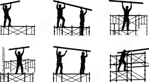 Construction worker silhouettes assembling scaffolding frames and lifting beams, teamwork builders working at height, people at work icons set, black vector illustration isolated on white background