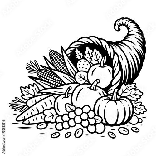 A cornucopia illustration overflowing with fruits and vegetables in black and white
