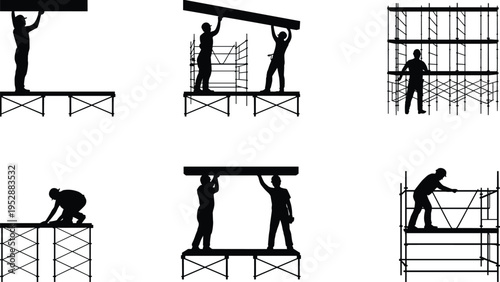Construction worker silhouettes assembling scaffolding platform, builders installing structure at height, teamwork labor people at work icons set, black vector 