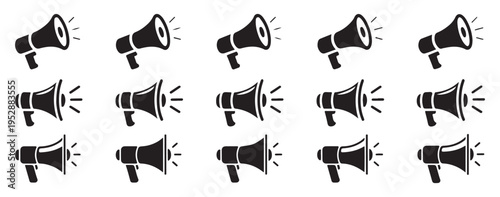  Megaphone icons with sound waves, bullhorn loudspeaker symbols for urgent messages and broadcasting. vector illustration eps 10