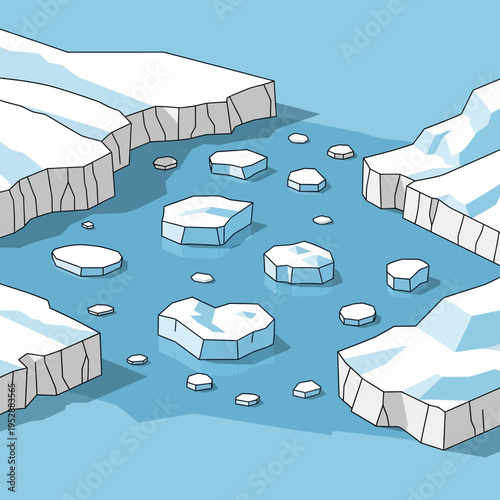 An illustration depicting icebergs and ice floes floating in a body of water, possibly an ocean.