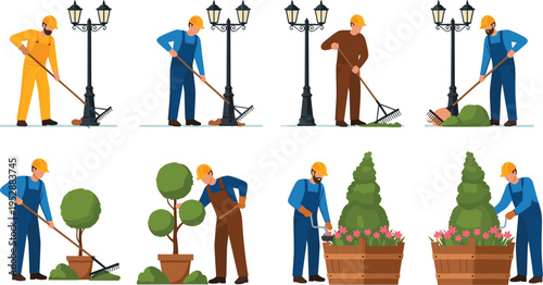 Colorful illustration of workers performing gardening and landscaping tasks, showcasing teamwork, outdoor labor, plant care, public space maintenance, horticulture, and environmental design concept.