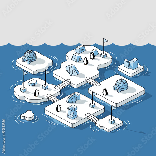An isometric illustration of ice floes, igloos, penguins, and various structures in a marine environment.