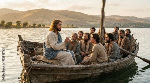 Jesus teaching His disciples in a wooden boat on the calm Sea of Galilee, serene biblical scene