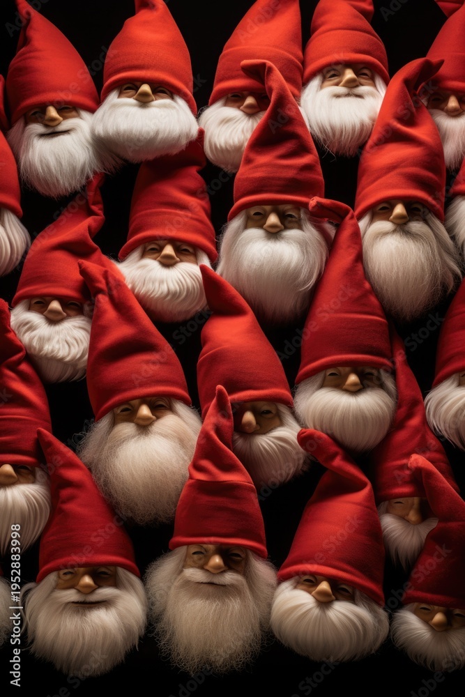 Obraz premium A group of red and white gnomes with white beards. This picture can be used for various festive decorations and whimsical projects
