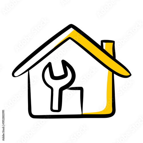 Hand drawn house outline with wrench and yellow roof symbolizing home repair and renovation services