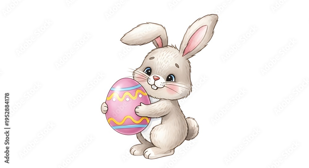 Obraz premium Cute chunky Easter bunny with fluffy tail and chubby cheeks holding small decorated egg, playful spring illustration style, pastel colors, crisp detail, isolated white background, centered composition