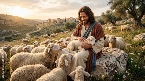 Jesus the Good Shepherd sitting on a rock surrounded by sheep, peaceful biblical illustration of His loving care