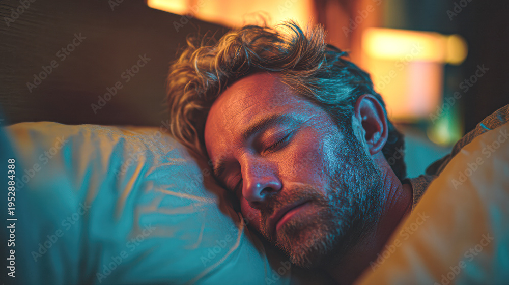 Fototapeta premium A man with light hair sleeps peacefully on a pillow in a softly lit bedroom at night.