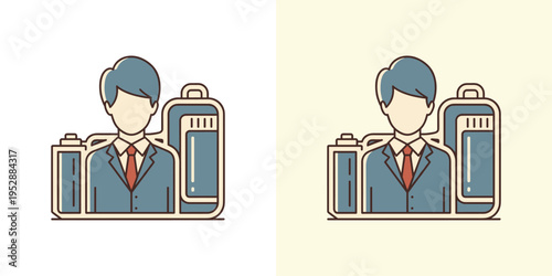 Stylized icon depicting a professional male figure, possibly a photographer or media expert, standing with a vintage camera design. Ideal for business, photography services, or user avatars