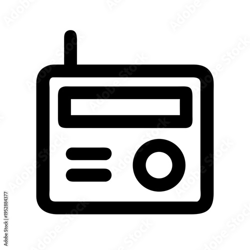 Black icon of portable radio receiver with antenna and buttons isolated on checkered background