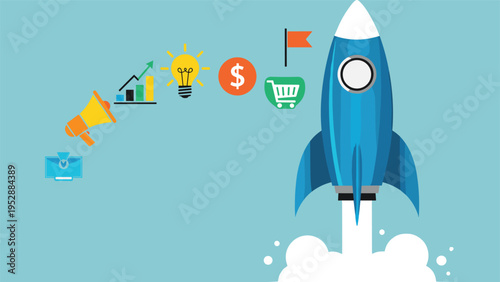 Concept of a successful business launch with a rocket, symbolizing growth, innovation, and strategic marketing development on a journey to prosperity