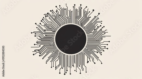 Tech-inspired radial circuit lines form abstract design around central black circle