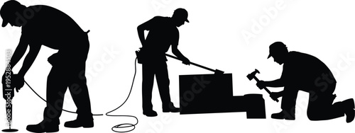 Construction worker silhouettes using power drill, cutting tool and hammer, manual labor and carpentry work process vector illustration isolated on white background