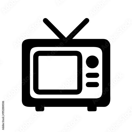 Black solid television icon with antennae and controls on transparent background isolated
