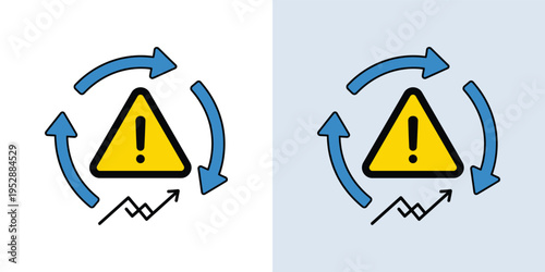 Business process warning icon with cyclical arrows and data trend, symbolizing continuous monitoring, risk assessment, and operational improvement cycles