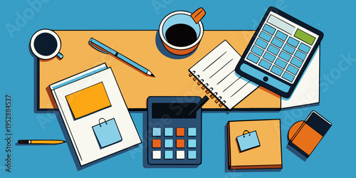 Overhead desk view silhouette with calculator and notebook and legal documents vector art
