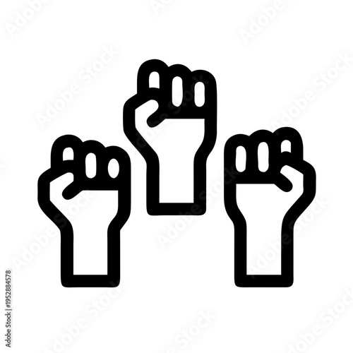 Three black outline icons of clenched fists raised together in unity and protest