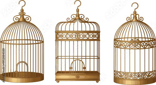 Golden decorative birdcage illustration with intricate scrollwork and vintage design details, symbolizing 