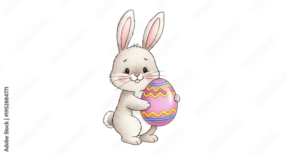 Fototapeta premium Cute chunky Easter bunny with fluffy tail and chubby cheeks holding small decorated egg, playful spring illustration style, pastel colors, crisp detail, isolated white background, centered composition
