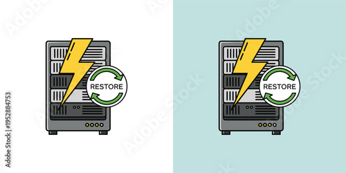 Graphic depiction of a server cabinet with a lightning bolt and restore symbol, signifying efficient data recovery and system backup processes