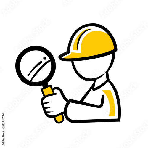 Person wearing hard hat holds magnifying glass looking closely inspection concept icon