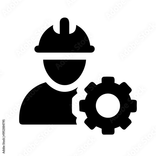 Silhouette of engineer with hard hat next to cogwheel symbol industry concept