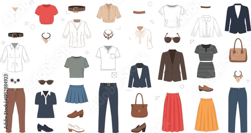 Smart Casual Wardrobe Collection with Stylish Outfits, Office Wear and Everyday Fashion Essentials Illustration