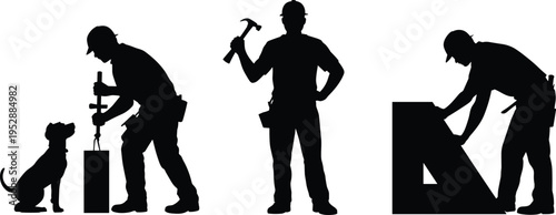 Construction worker silhouettes with hammer, measuring tools and inspection dog, manual labor people at work icons set, black vector illustration isolated on white background