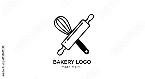 Bakery Logo with Crossed Whisk and Rolling Pin Vector Icon
