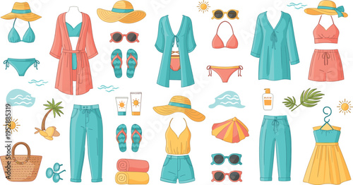 Summer Beach Outfit Collection with Swimwear, Accessories and Vacation Essentials, Fashion Illustration Set