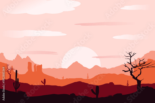 Sunset desert panoramic silhouette background. Panoramic view of cactus and mountain layers. Monument Valley landscape on a summer evening.