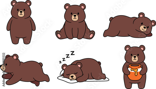 Cute brown bear characters set with sitting sleeping and honey poses, adorable cartoon animals vector illustration collection