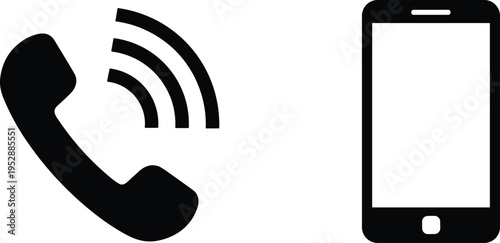 Minimalist black and white contact icons featuring a classic telephone handset with signal waves and a modern smartphone for communication customer support and telecommunications.