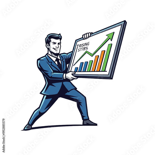 Businessman confidently presents a rising business graph, illustrating positive financial growth and successful investment strategies