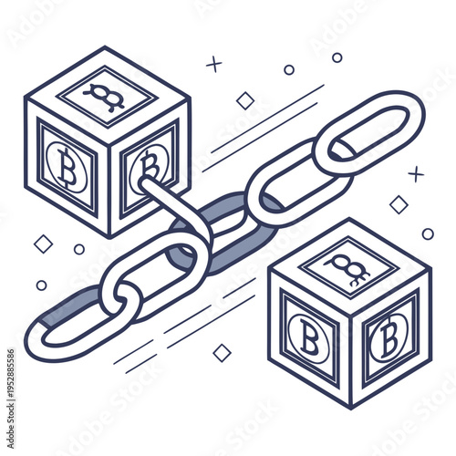 A chain linking two blocks with bitcoin symbols