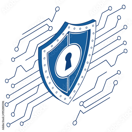 A blue shield with a keyhole on a circuit board