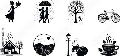autumn lifestyle silhouette icon set vector illustration, fall season elements with couple walking in rain, bicycle, tree, house, fox, coffee, nature collection