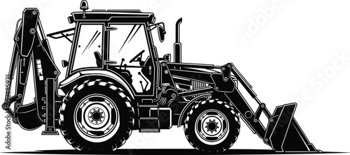 Backhoe loader tractor silhouette, construction excavator machine with front bucket and rear digger, heavy equipment vector illustration isolated on white