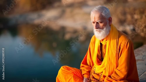 Hindu sadhu sitting in lotus position by river at sunset. Old man with white beard practicing meditation. Spiritual peacefulness and indian religious tradition.