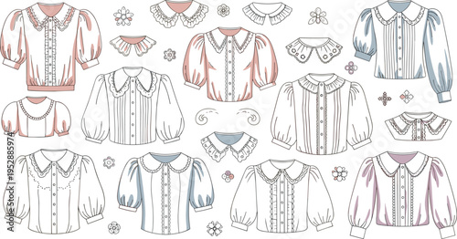 Vintage Women Blouse Collection with Lace Collar, Puff Sleeves and Cute Feminine Details Illustration