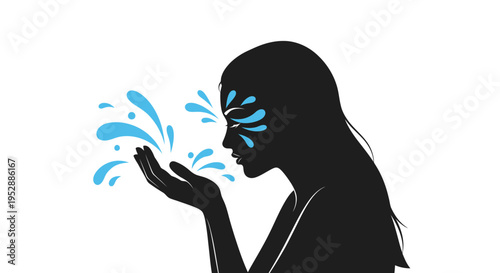 Silhouette of woman splashing water on her face, clean skin concept