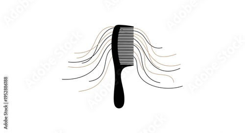 Black comb with strands of hair on white background, hair loss concept