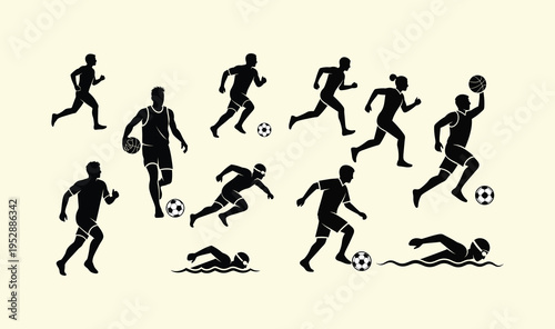 Silhouettes of individuals actively participating in a wide array of sports, from running and soccer to basketball and swimming, emphasizing health and motion