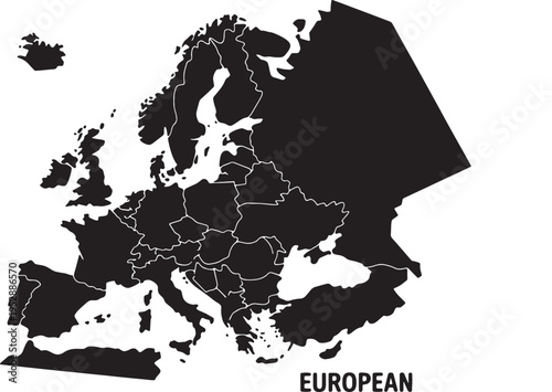 Black Silhouette Map of Europe with Country Borders