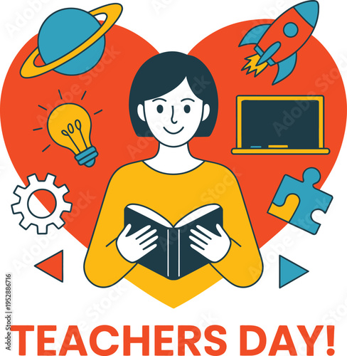 Girl reading within a heart celebrating teachers and learning, Teacher's day