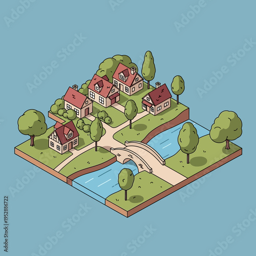 Isometric illustration of a quaint village with houses, trees, a bridge, and a river.