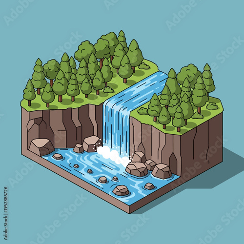 Isometric illustration of a waterfall cascading into a river, surrounded by trees and rocks.