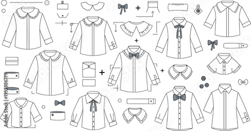 Women Blouse Design Kit with Collar Variations, Sleeves and Accessories, Fashion Flat Sketch Set