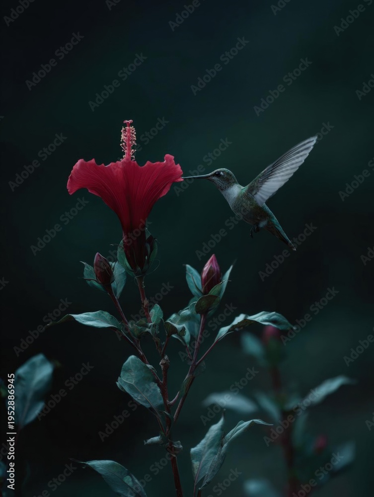 Fototapeta premium Photograph of a hummingbird hovering near a red hibiscus flower. the hummingbird is in mid-flight, with its wings spread wide and its body slightly tilted to the side.